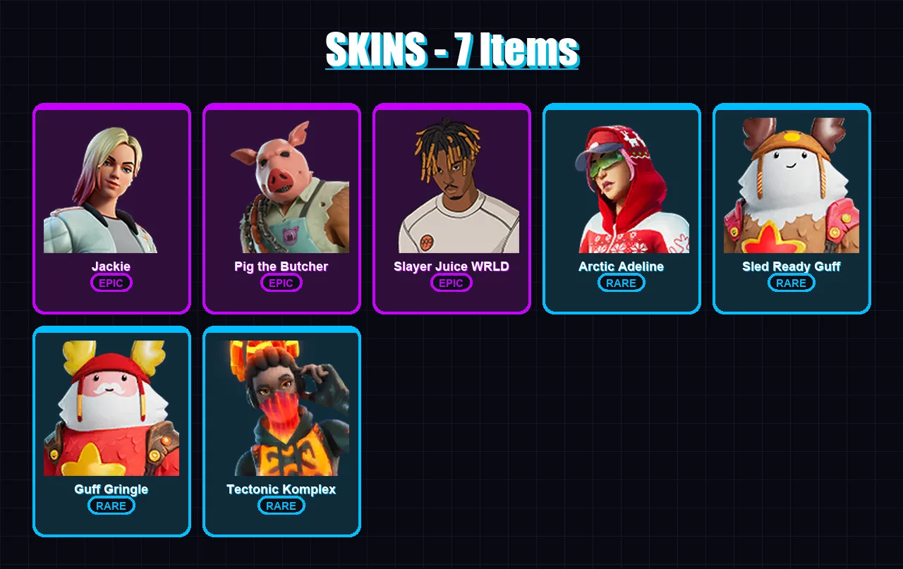 [PC/XBOX/PSN] | Jackie | Pig the Butcher | Slayer Juice WRLD | Arctic Adeline | Sled Ready Guff | 7 skin | 42 pickaxe | 26 emote | 38 glider | Lv682