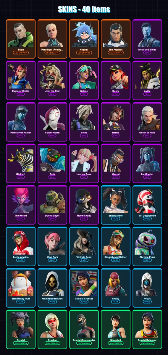 [PC/PSN] | Twyn | Paradigm (Reality-659) | Nezumi | The Ageless | Icebound Midas | 40 skin | 30 pickaxe | 40 emote | 24 glider | Lv392