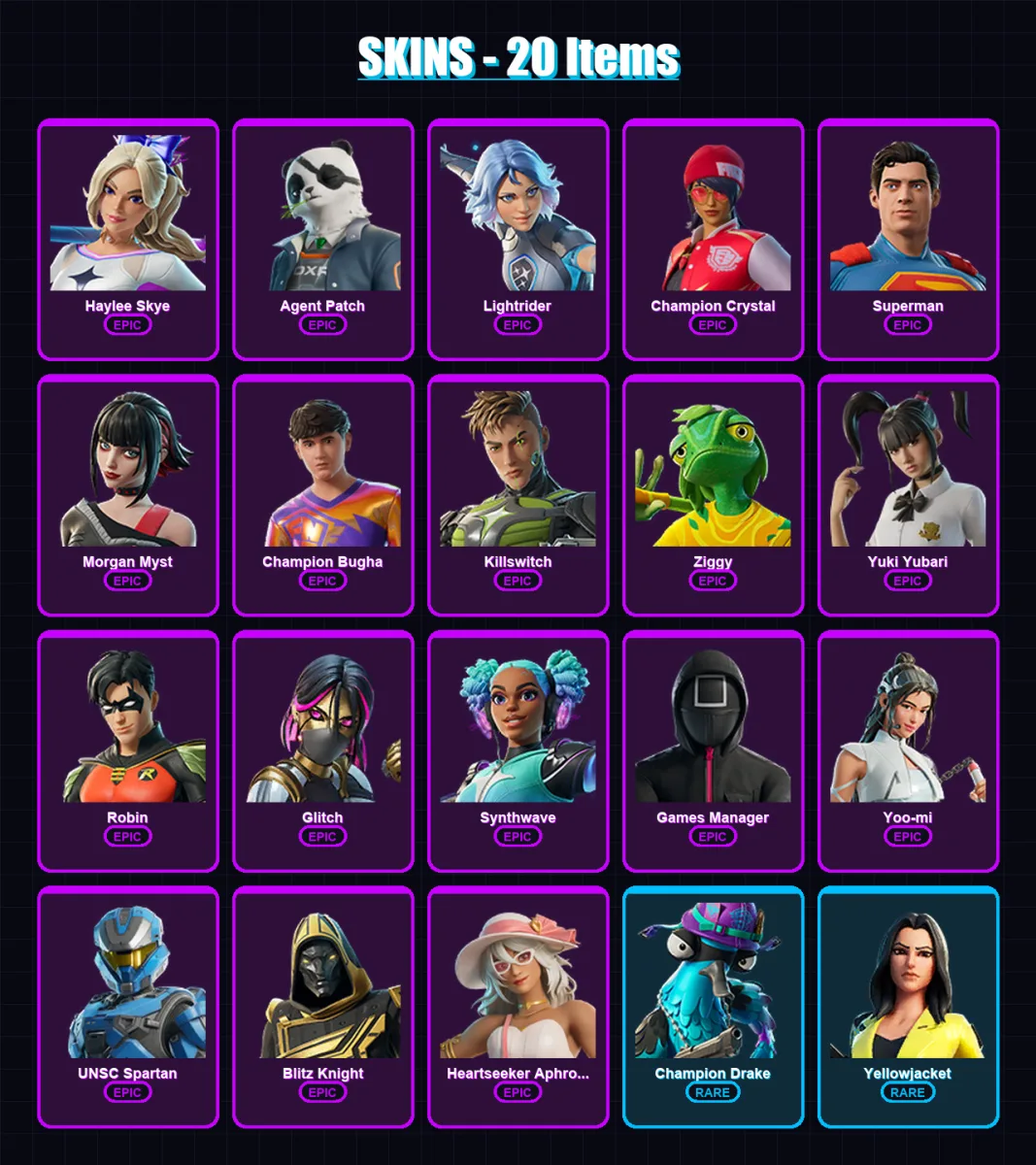 [PC] | Haylee Skye | Agent Patch | Lightrider | Champion Crystal | Superman | 20 skin | 41 pickaxe | 21 emote | 25 glider | Lv269
