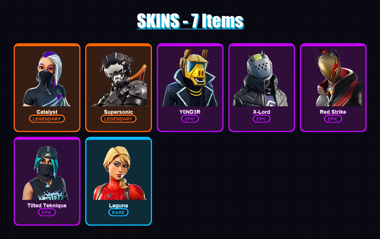 [PS4/PS5/XBOX/PC] | Catalyst | Supersonic | Y0ND3R | X-Lord | Red Strike | 7 skin | 6 pickaxe | 12 emote | 11 glider | Lv190