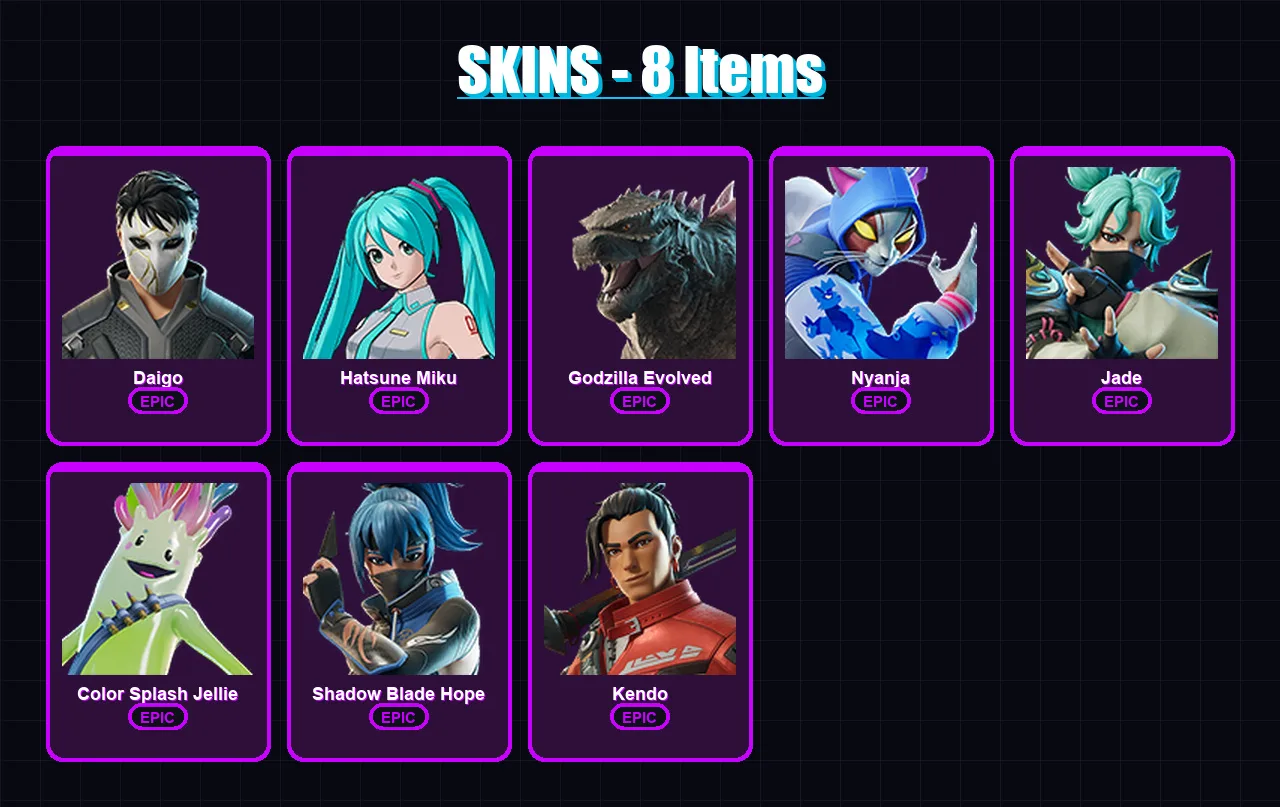 [PS4/PS5/XBOX/PC] | Daigo | Hatsune Miku | Godzilla Evolved | Nyanja | Jade | 8 skin | 19 pickaxe | 11 emote | 14 glider | Lv112