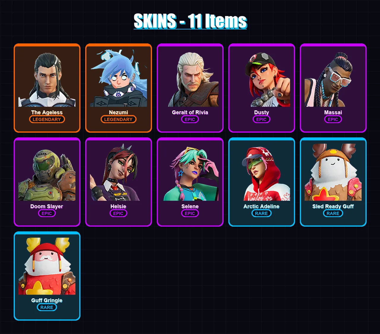 [PC/XBOX/PSN] | The Ageless | Nezumi | Geralt of Rivia | Dusty | Massai | 11 skin | 13 pickaxe | 12 emote | 14 glider | Lv161 — Fortnite account