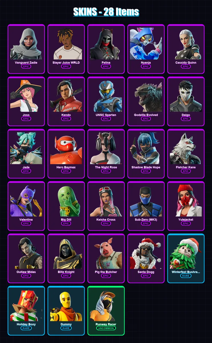 [PS4/PS5/XBOX/PC] | Vanguard Zadie | Slayer Juice WRLD | Felina | Nyanja | Cassidy Quinn | 28 skin | 105 pickaxe | 64 emote | 75 glider | Lv1954 — Fortnite account