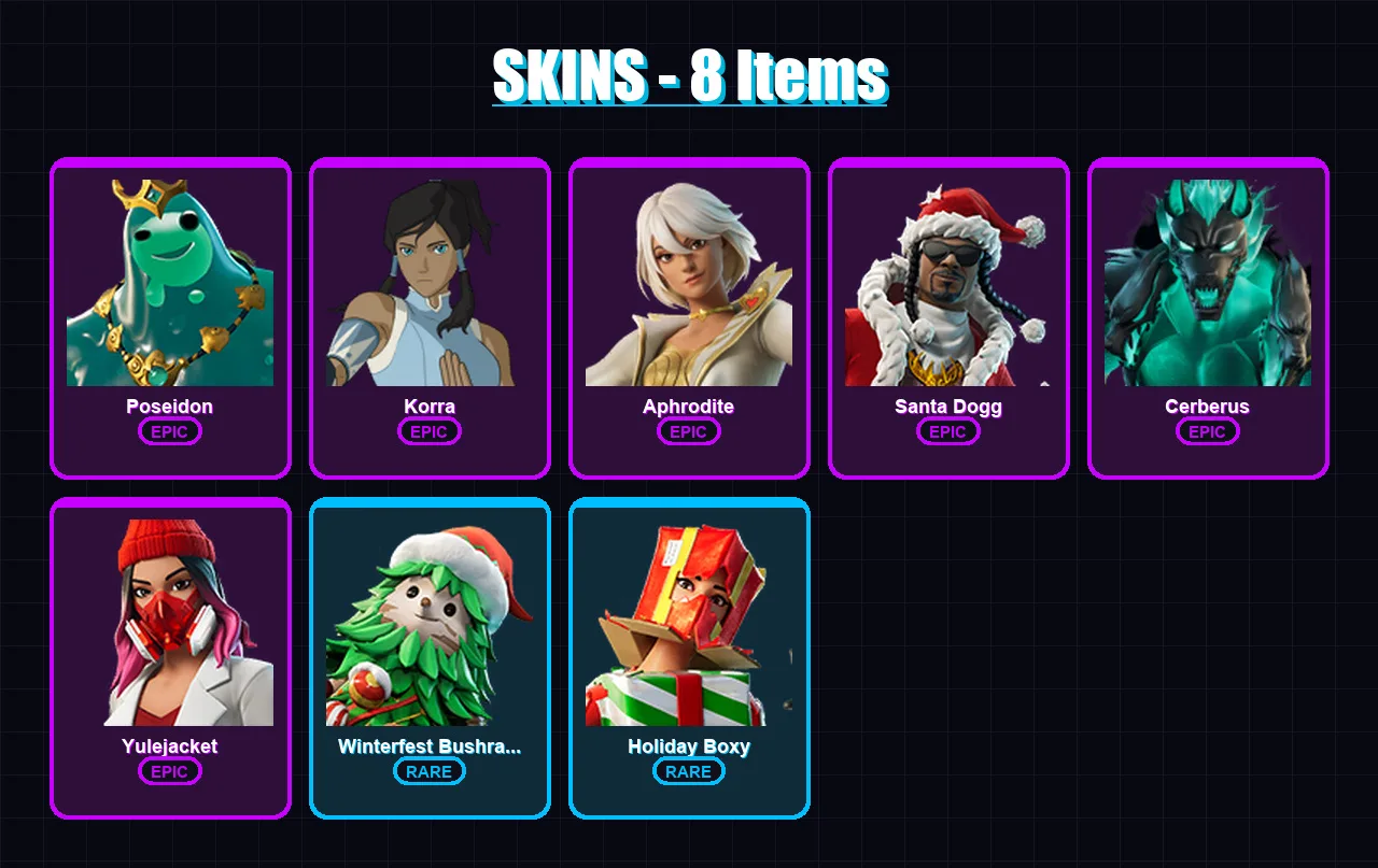 [PC/XBOX/PSN] | Poseidon | Korra | Aphrodite | Santa Dogg | Cerberus | 8 skin | 12 pickaxe | 7 emote | 12 glider | Lv183
