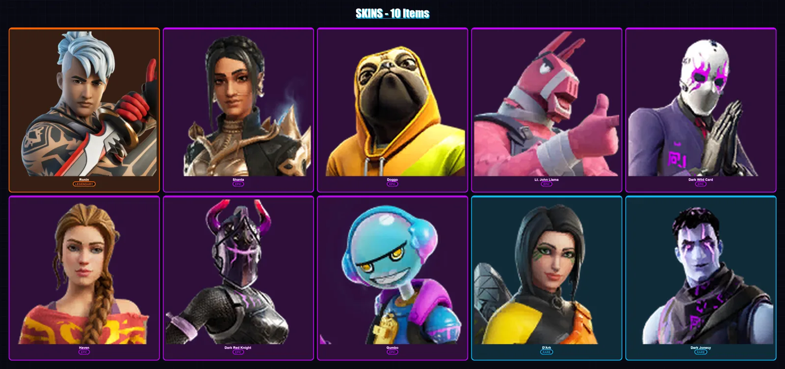 [PC/XBOX/PSN] | Ronin | Shanta | Doggo | Lt. John Llama | Dark Wild Card | 10 skin | 8 pickaxe | 7 emote | 3 glider | Lv58 — Fortnite account