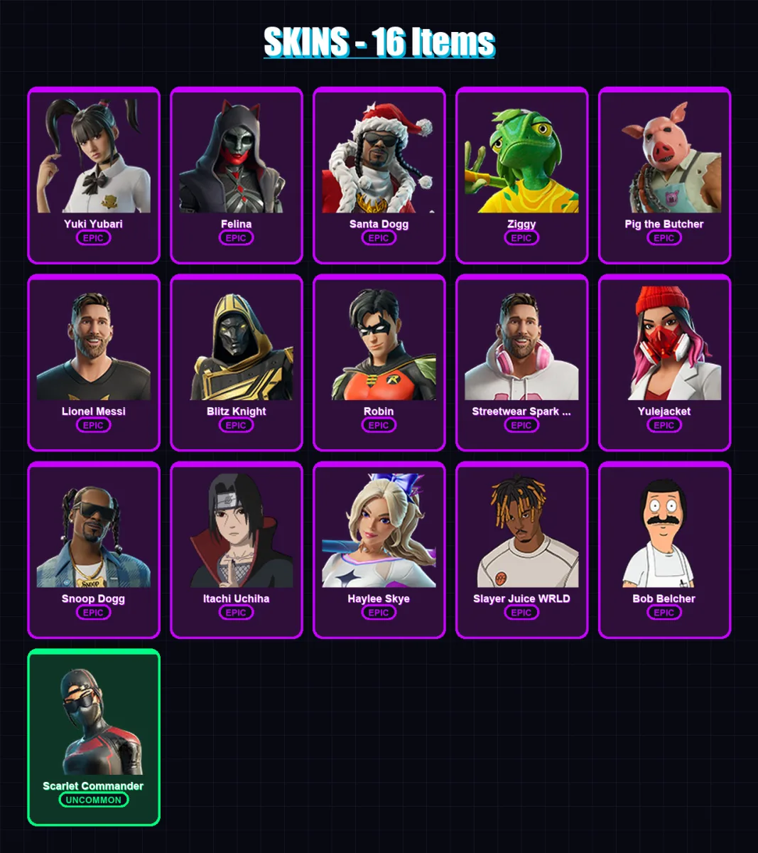 [PC/XBOX/PSN] | Yuki Yubari | Felina | Santa Dogg | Ziggy | Pig the Butcher | 16 skin | 47 pickaxe | 28 emote | 33 glider | Lv413