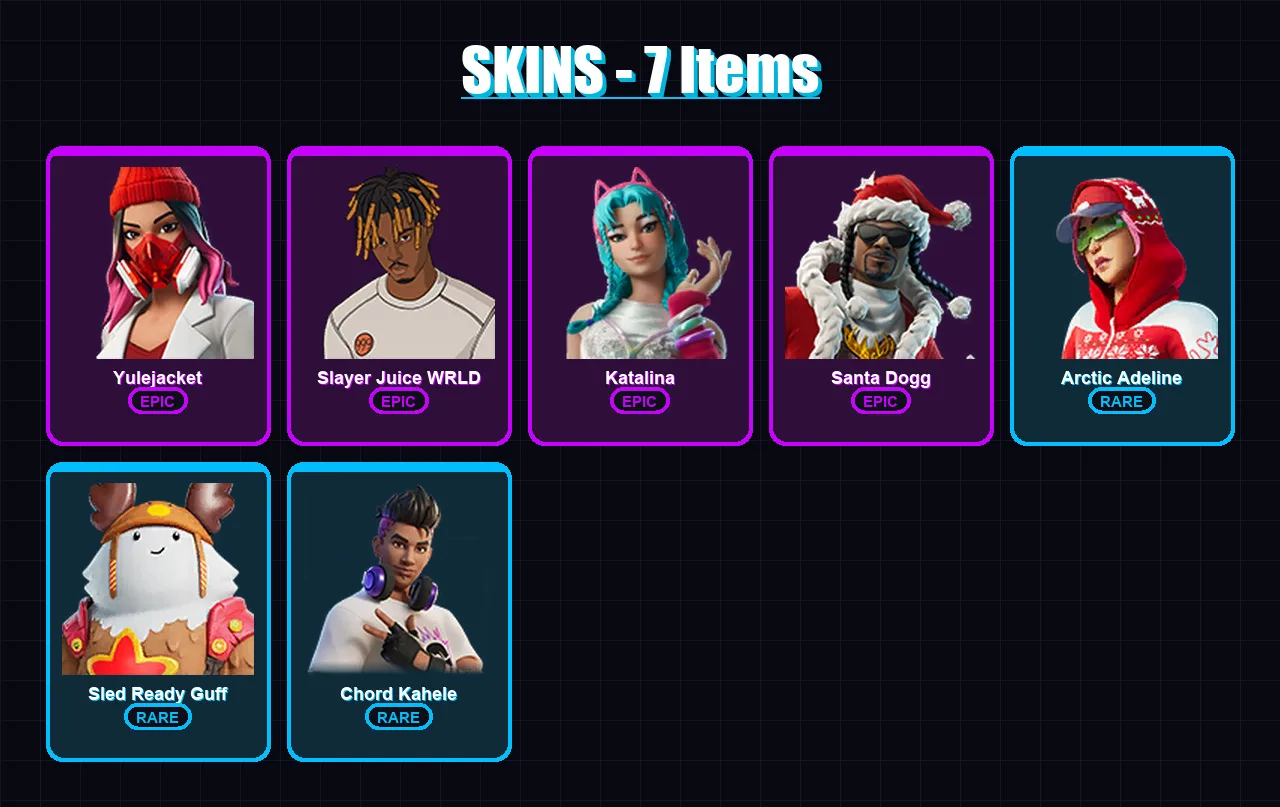 [PC/XBOX/PSN] | Yulejacket | Slayer Juice WRLD | Katalina | Santa Dogg | Arctic Adeline | 7 skin | 28 pickaxe | 15 emote | 14 glider | Lv171
