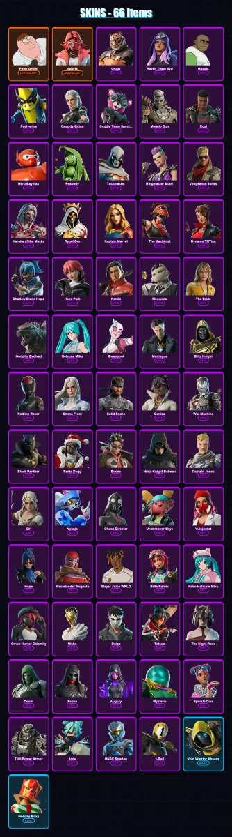 [PC/XBOX] | Peter Griffin | Valeria | Oscar | Raven Team Syd | Russel | 66 skin | 104 pickaxe | 105 emote | 70 glider | Lv865