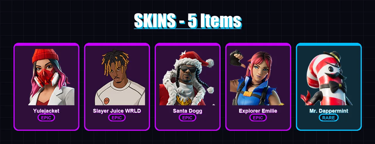 [PC/PSN] | Yulejacket | Slayer Juice WRLD | Santa Dogg | Explorer Emilie | Mr. Dappermint | 5 skin | 9 pickaxe | 7 emote | 7 glider | Lv52