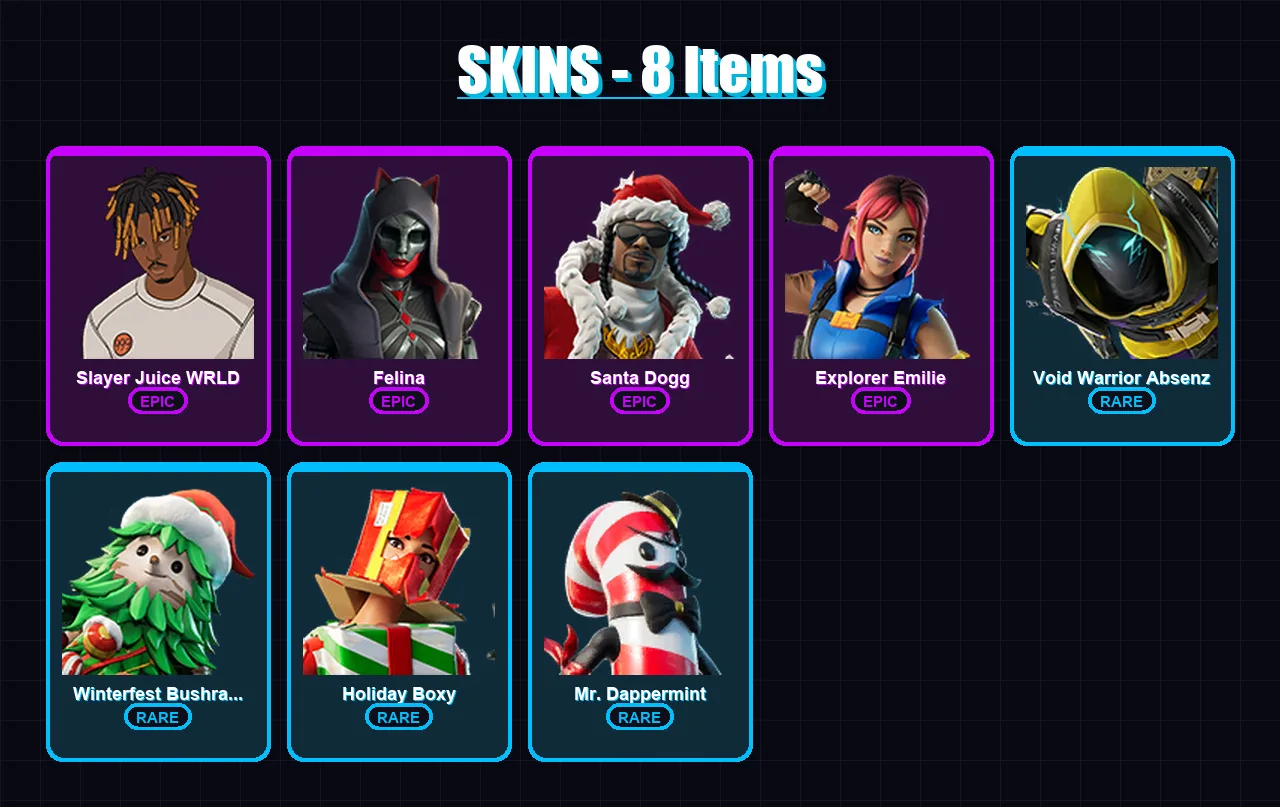 [PC/XBOX/PSN] | Slayer Juice WRLD | Felina | Santa Dogg | Explorer Emilie | Void Warrior Absenz | 8 skin | 19 pickaxe | 6 emote | 15 glider | Lv134