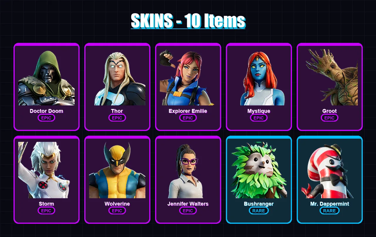 [PS4/PS5/XBOX/PC] | Doctor Doom | Thor | Explorer Emilie | Mystique | Groot | 10 skin | 16 pickaxe | 10 emote | 16 glider | Lv299
