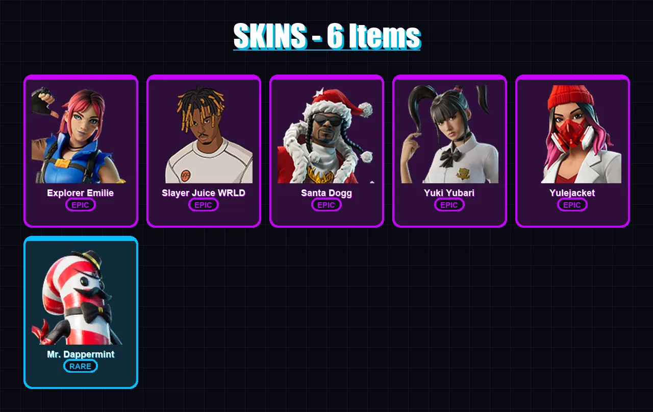 [PC/PSN] | Explorer Emilie | Slayer Juice WRLD | Santa Dogg | Yuki Yubari | Yulejacket | 6 skin | 12 pickaxe | 3 emote | 4 glider | Lv16