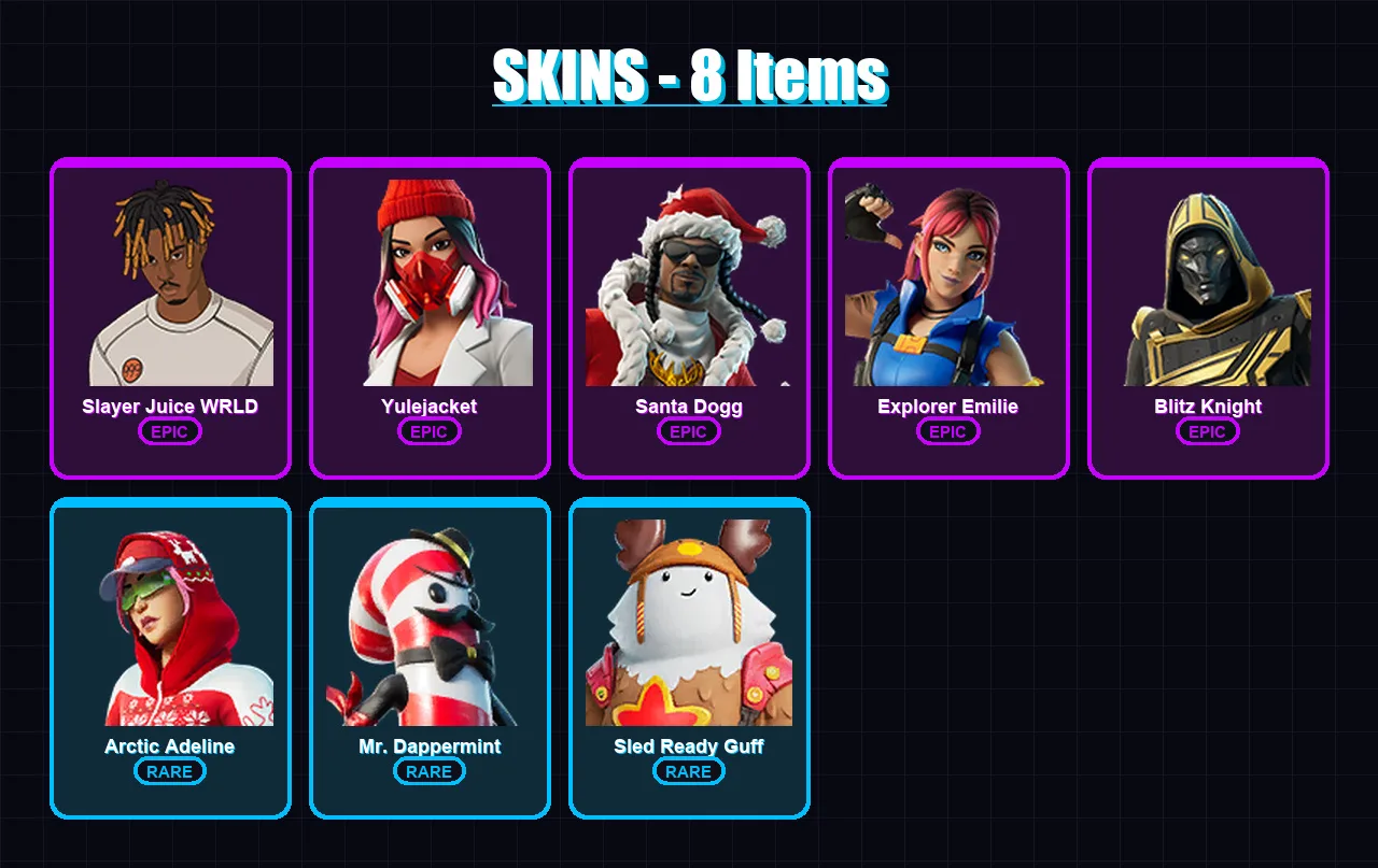 [PS4/PS5/XBOX/PC] | Slayer Juice WRLD | Yulejacket | Santa Dogg | Explorer Emilie | Blitz Knight | 8 skin | 30 pickaxe | 11 emote | 17 glider | Lv25