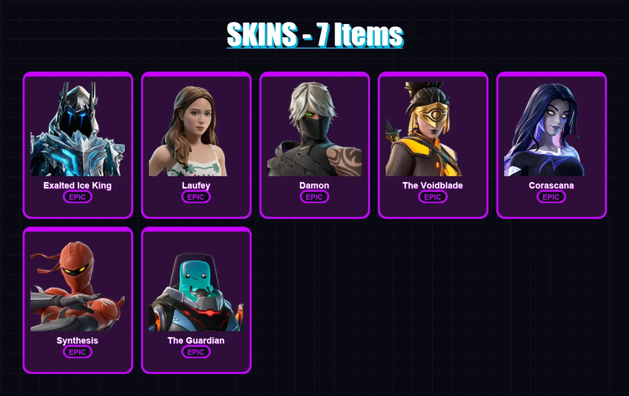 [PC/PSN] | Exalted Ice King | Laufey | Damon | The Voidblade | Corascana | 7 skin | 4 pickaxe | 2 emote | 2 glider | Lv3