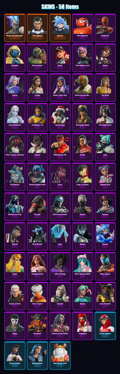 [PC/XBOX/PSN] | Renzo the Destroyer | The Ageless | Nezumi | Hero Baymax | Synthesis | 58 skin | 73 pickaxe | 53 emote | 48 glider | Lv488