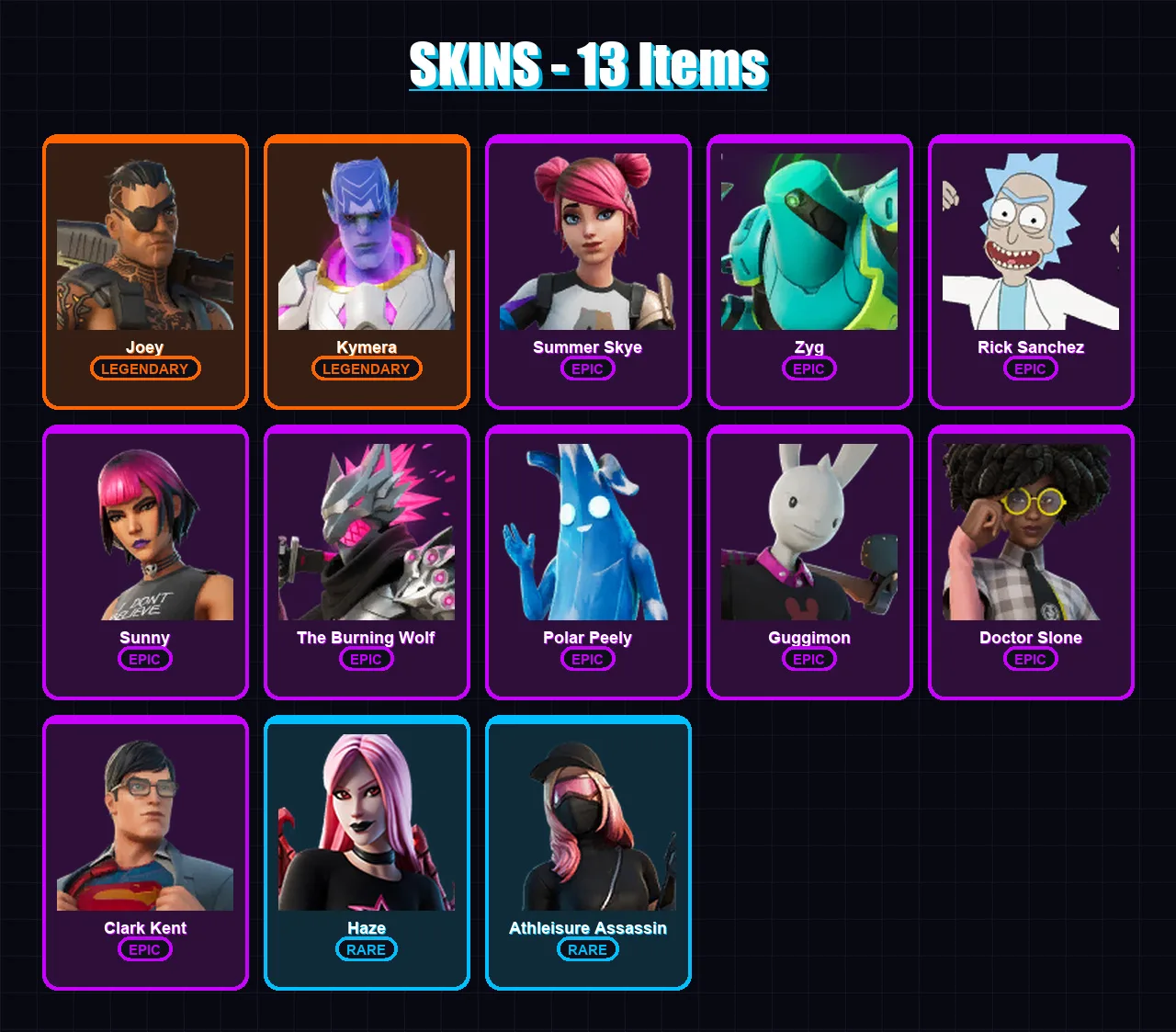 [PC/XBOX/PSN] | Joey | Kymera | Summer Skye | Zyg | Rick Sanchez | 13 skin | 15 pickaxe | 14 emote | 13 glider | Lv153