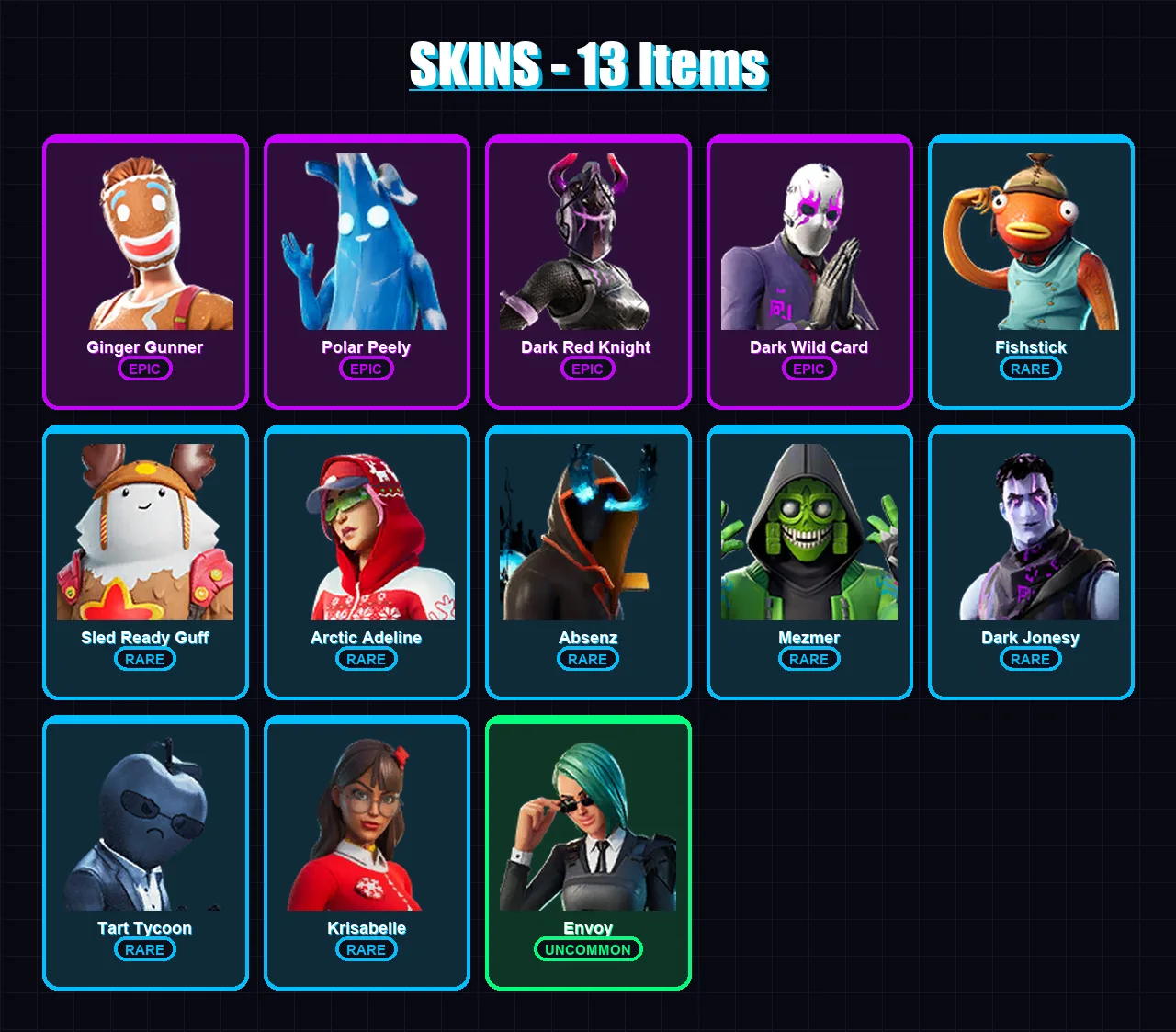 [PS4/PS5/XBOX/PC] | Ginger Gunner | Polar Peely | Dark Red Knight  | Dark Wild Card | Fishstick | 13 skin | 38 pickaxe | 22 emote | 33 glider | Lv60