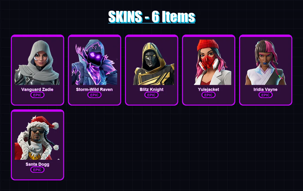 [PC/XBOX/PSN] | Vanguard Zadie | Storm-Wild Raven | Blitz Knight | Yulejacket | Iridia Vayne | 6 skin | 32 pickaxe | 13 emote | 23 glider | Lv266
