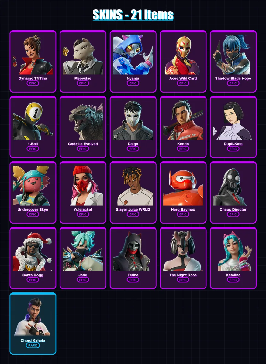 [PC/XBOX/PSN] | Dynamo TNTina | Meowdas | Nyanja | Aces Wild Card | Shadow Blade Hope | 21 skin | 46 pickaxe | 27 emote | 30 glider | Lv673