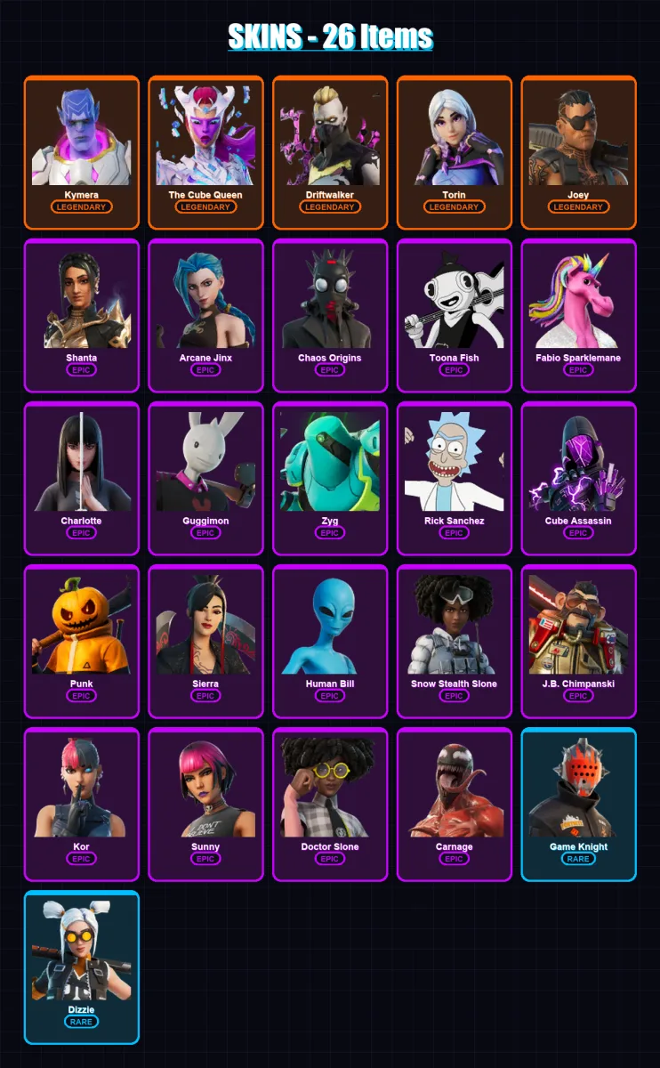 [PC/XBOX/PSN] | Kymera | The Cube Queen | Driftwalker | Torin | Joey | 26 skin | 27 pickaxe | 19 emote | 23 glider | Lv597