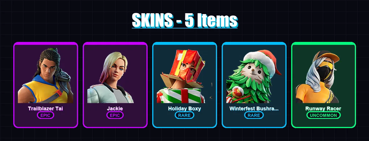 [PC/XBOX/PSN] | Trailblazer Tai | Jackie | Holiday Boxy | Winterfest Bushranger | Runway Racer | 5 skin | 5 pickaxe | 5 emote | 8 glider | Lv79