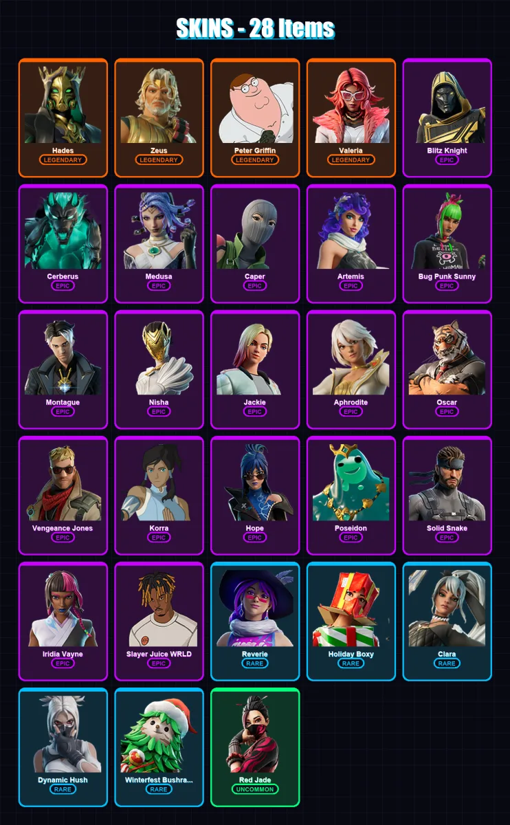 [PC/XBOX/PSN] | Hades | Zeus | Peter Griffin | Valeria | Blitz Knight | 28 skin | 47 pickaxe | 27 emote | 35 glider | Lv495