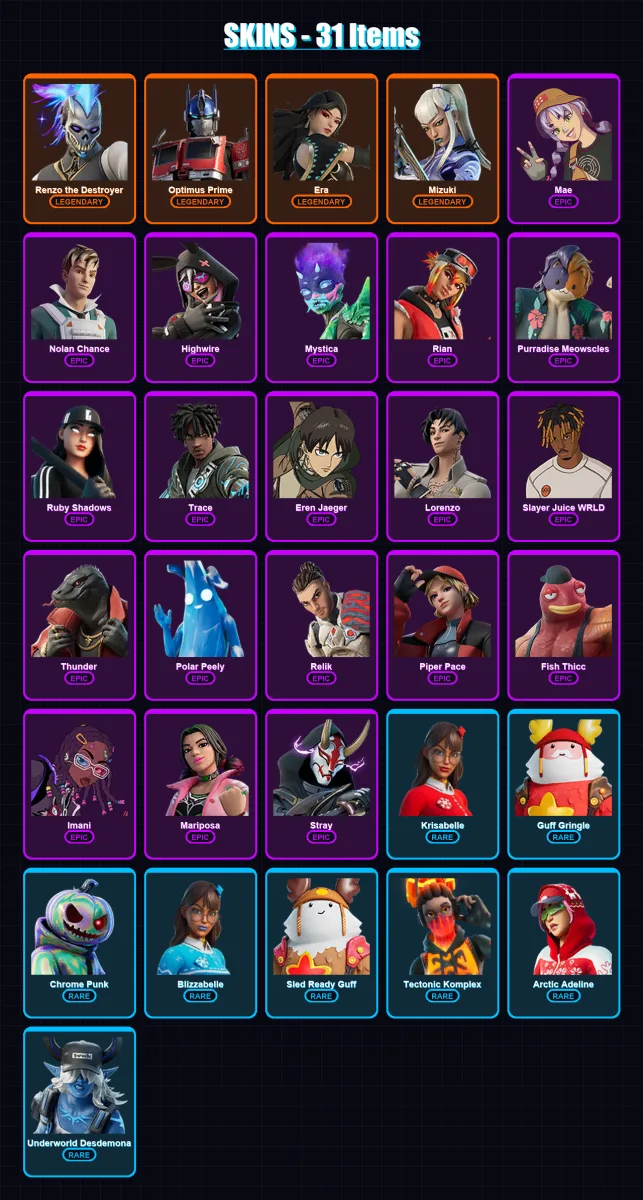 [PC/PSN] | Renzo the Destroyer | Optimus Prime | Era | Mizuki | Mae | 31 skin | 58 pickaxe | 54 emote | 51 glider | Lv1460