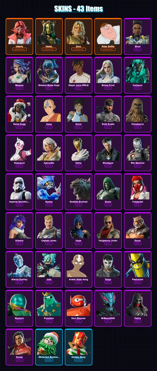 [PC/XBOX/PSN] | Valeria | Hades | Zeus | Peter Griffin | Shuri | 43 skin | 65 pickaxe | 51 emote | 51 glider | Lv666 — Fortnite account