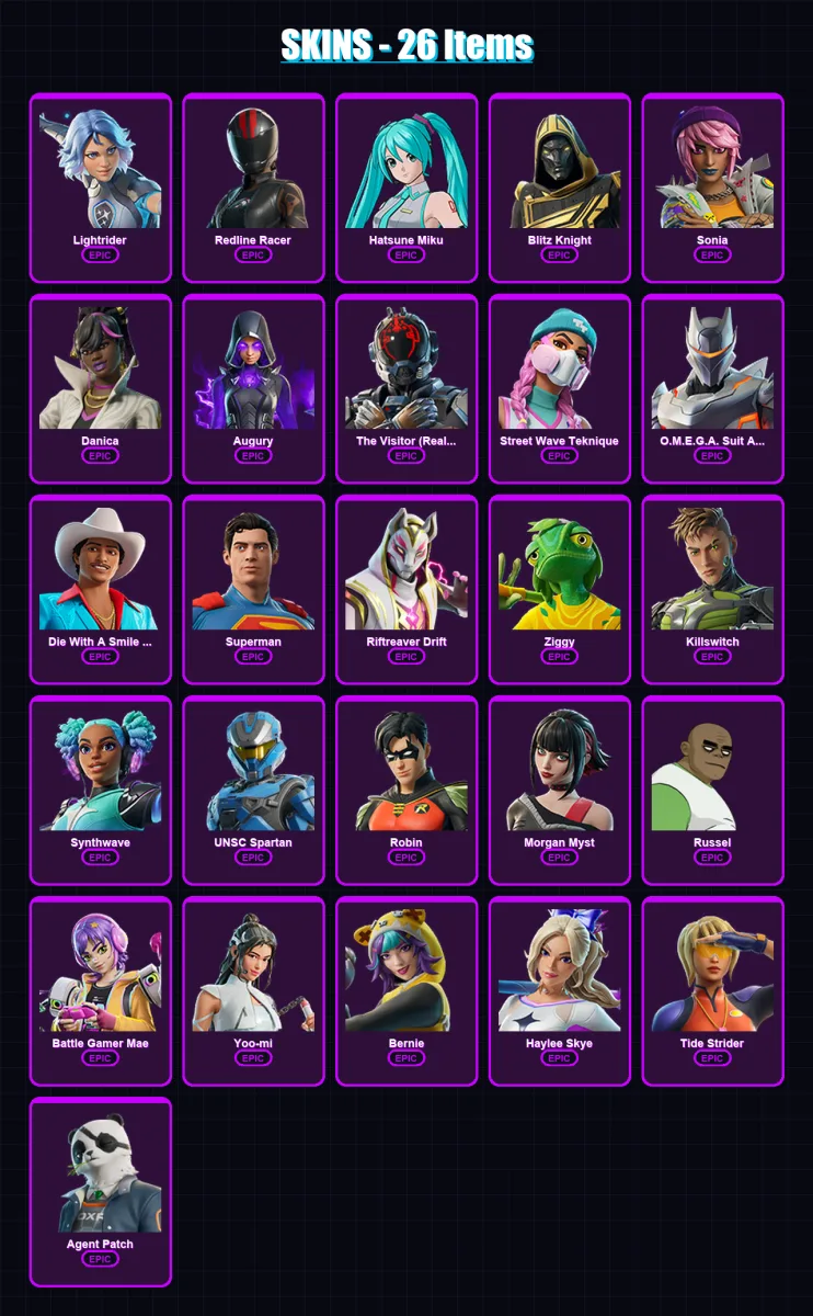 [PC/XBOX] | Lightrider | Redline Racer | Hatsune Miku | Blitz Knight | Sonia | 26 skin | 39 pickaxe | 30 emote | 24 glider | Lv209