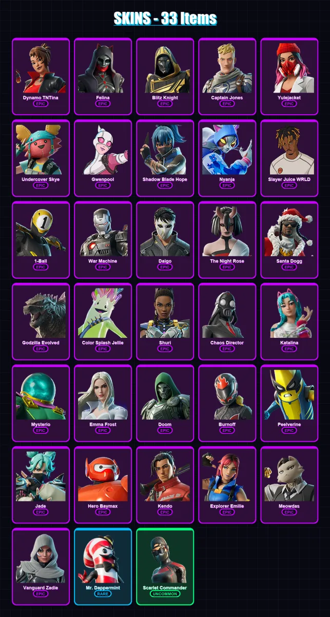 [PC/XBOX/PSN] | Dynamo TNTina | Felina | Blitz Knight | Captain Jones | Yulejacket | 33 skin | 61 pickaxe | 33 emote | 36 glider | Lv659 — Fortnite account