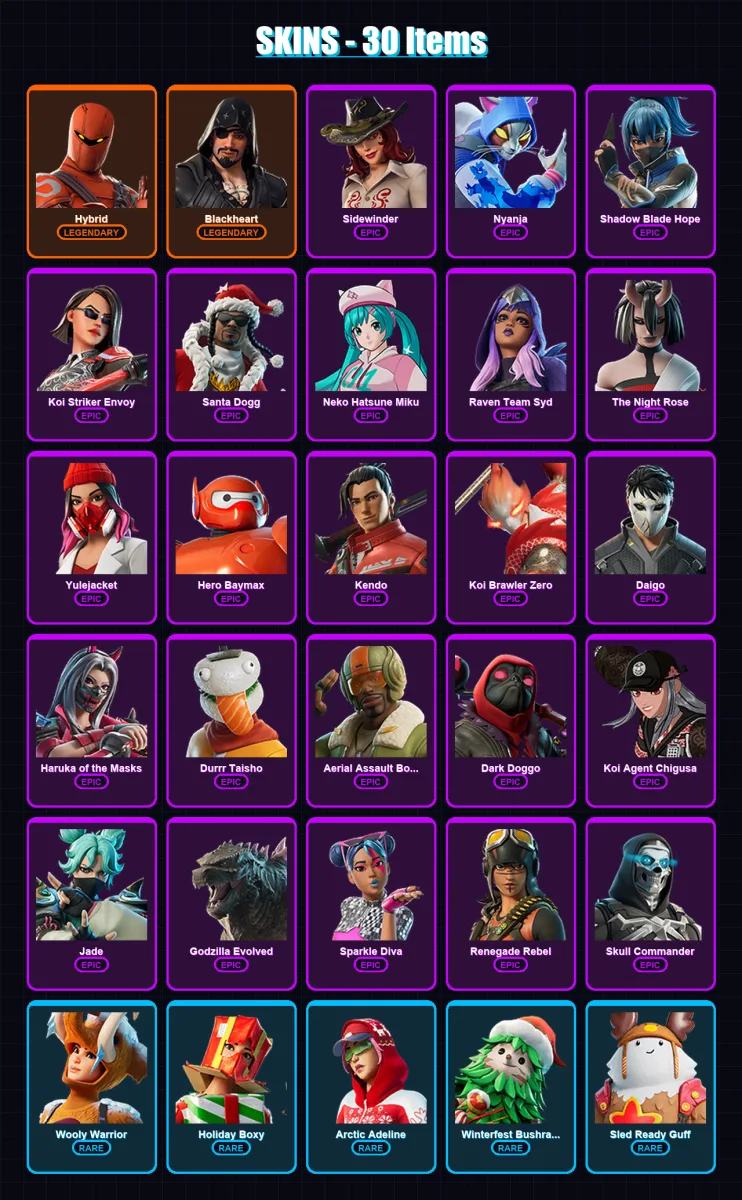 [PC/XBOX/PSN] | Hybrid | Blackheart | Sidewinder | Nyanja | Shadow Blade Hope | 30 skin | 40 pickaxe | 39 emote | 33 glider | Lv581