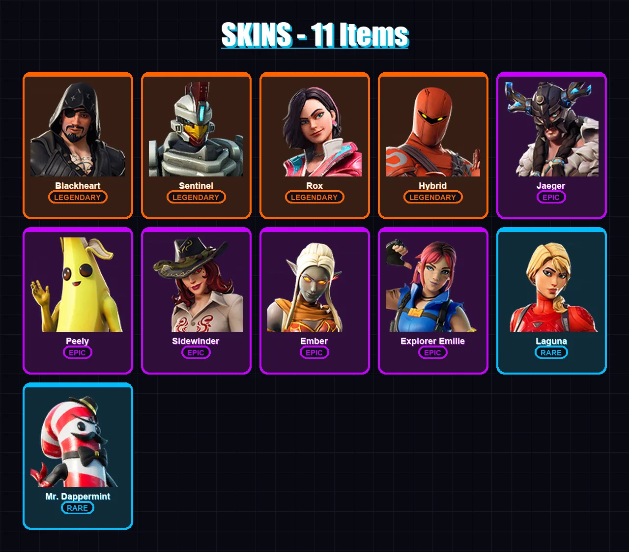 [PS4/PS5/XBOX/PC] | Blackheart | Sentinel | Rox | Hybrid | Jaeger | 11 skin | 7 pickaxe | 15 emote | 11 glider | Lv163