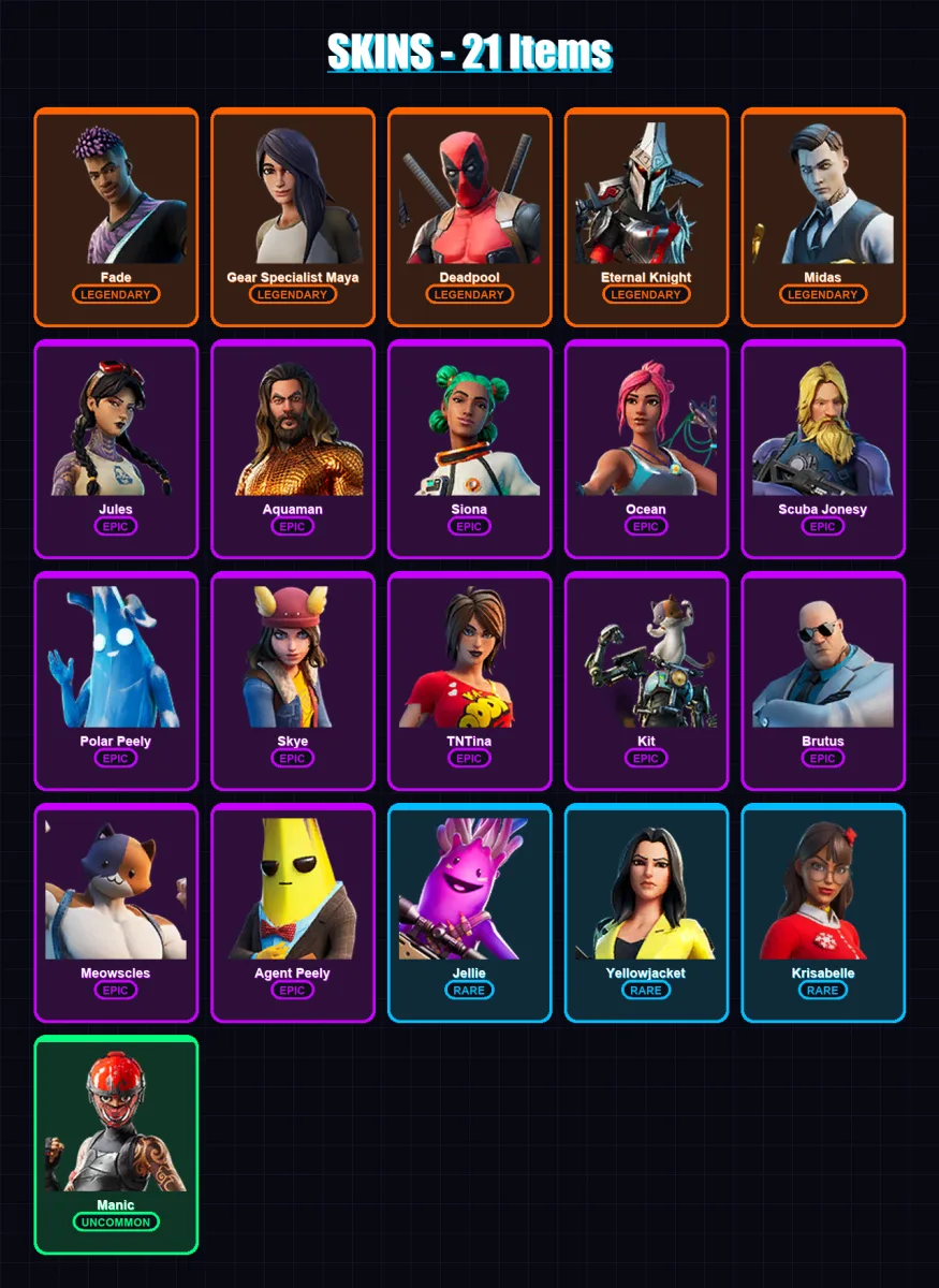 [PC/XBOX/PSN] | Fade | Gear Specialist Maya | Deadpool | Eternal Knight | Midas | 21 skin | 25 pickaxe | 32 emote | 25 glider | Lv432