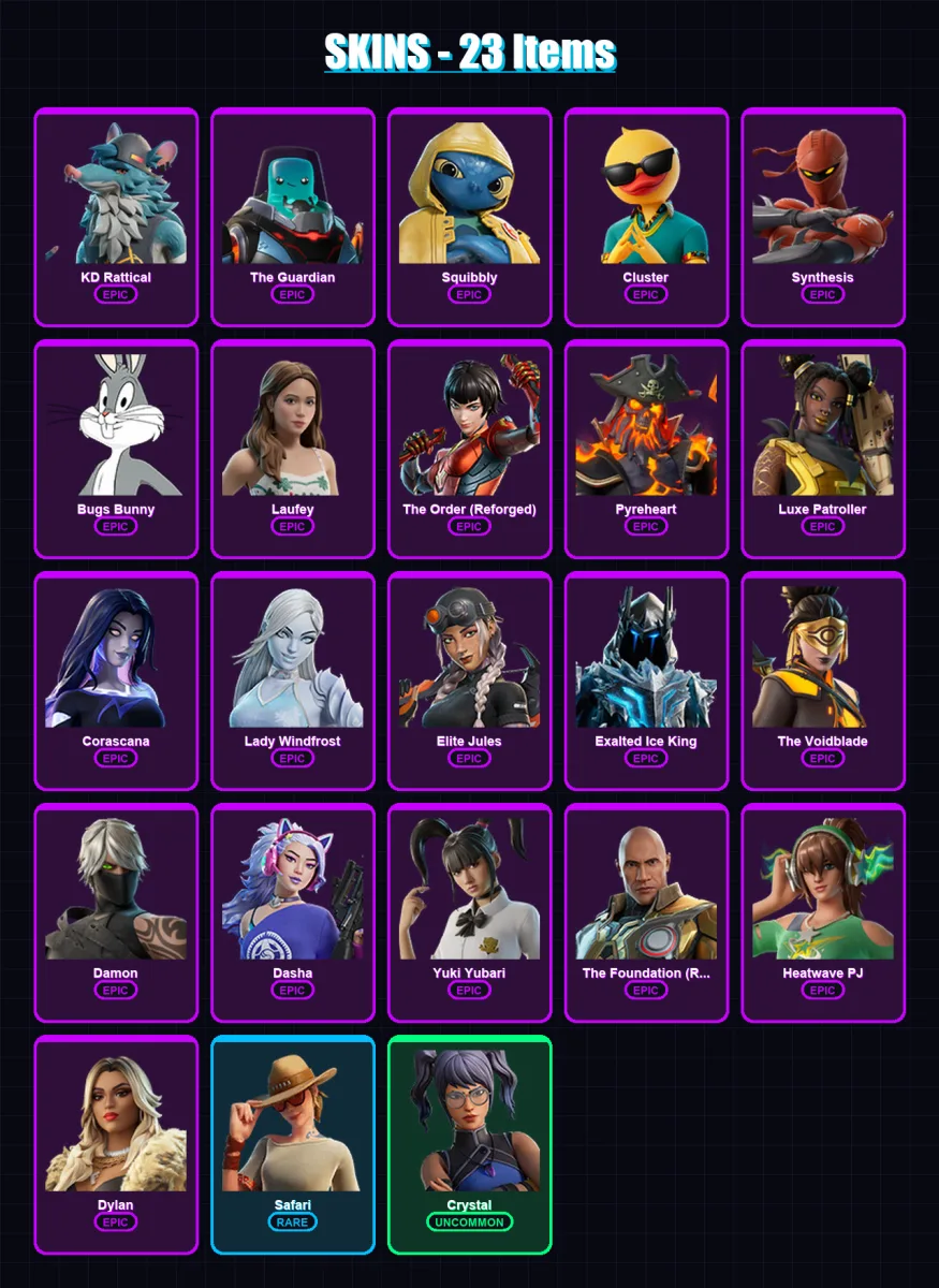 [PC/XBOX/PSN] | KD Rattical | The Guardian | Squibbly | Cluster | Synthesis | 23 skin | 45 pickaxe | 25 emote | 31 glider | Lv442