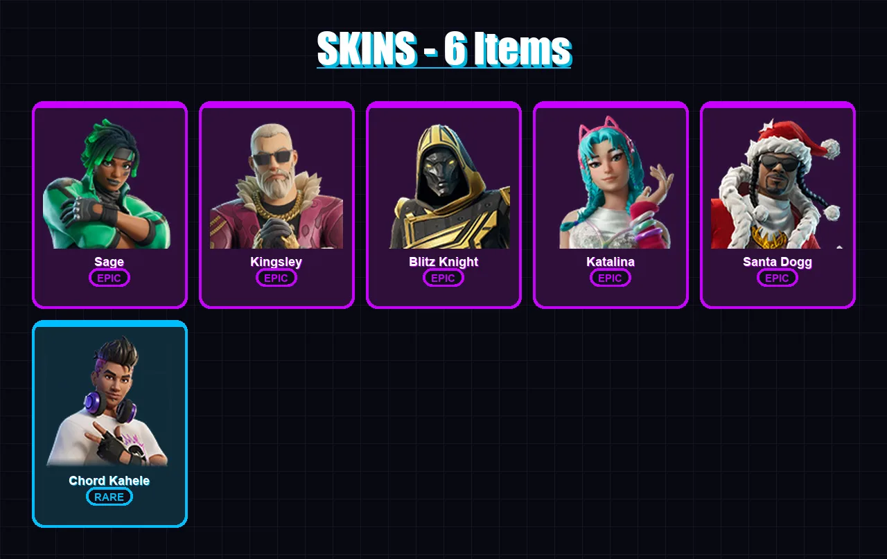 [PS4/PS5/XBOX/PC] | Sage | Kingsley | Blitz Knight | Katalina | Santa Dogg | 6 skin | 35 pickaxe | 10 emote | 21 glider | Lv231