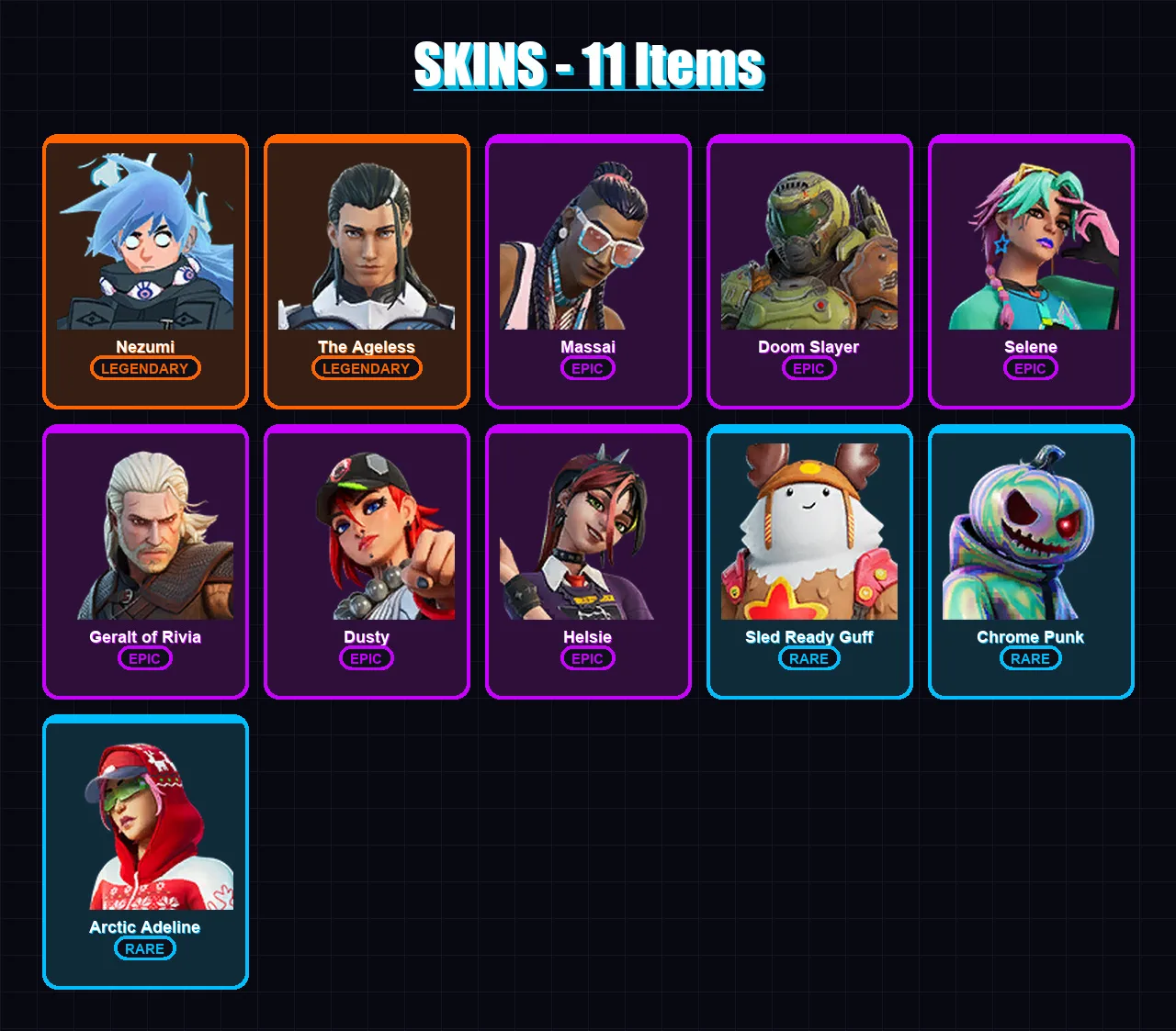 [PC/PSN] | Nezumi | The Ageless | Massai | Doom Slayer | Selene | 11 skin | 35 pickaxe | 29 emote | 29 glider | Lv594
