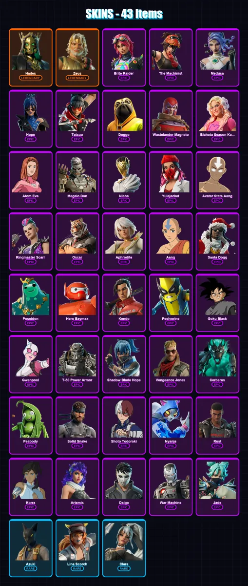 [PC/XBOX] | Hades | Zeus | Brite Raider | The Machinist | Medusa | 43 skin | 56 pickaxe | 34 emote | 50 glider | Lv470