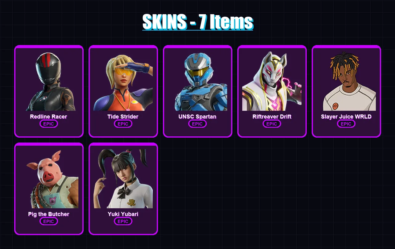 [PC/XBOX] | Redline Racer | Tide Strider | UNSC Spartan | Riftreaver Drift | Slayer Juice WRLD | 7 skin | 53 pickaxe | 21 emote | 30 glider | Lv436