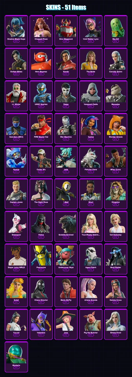 [PC/XBOX/PSN] | Shadow Blade Hope | Chappell Roan | Dino Megazord | Void Walker Lynx | Big Dill | 51 skin | 94 pickaxe | 64 emote | 57 glider | Lv78