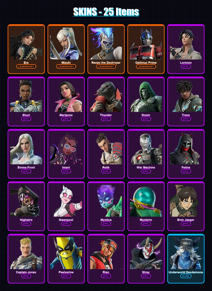 [PC/XBOX/PSN] | Era | Mizuki | Renzo the Destroyer | Optimus Prime | Lorenzo | 25 skin | 40 pickaxe | 29 emote | 37 glider | Lv527