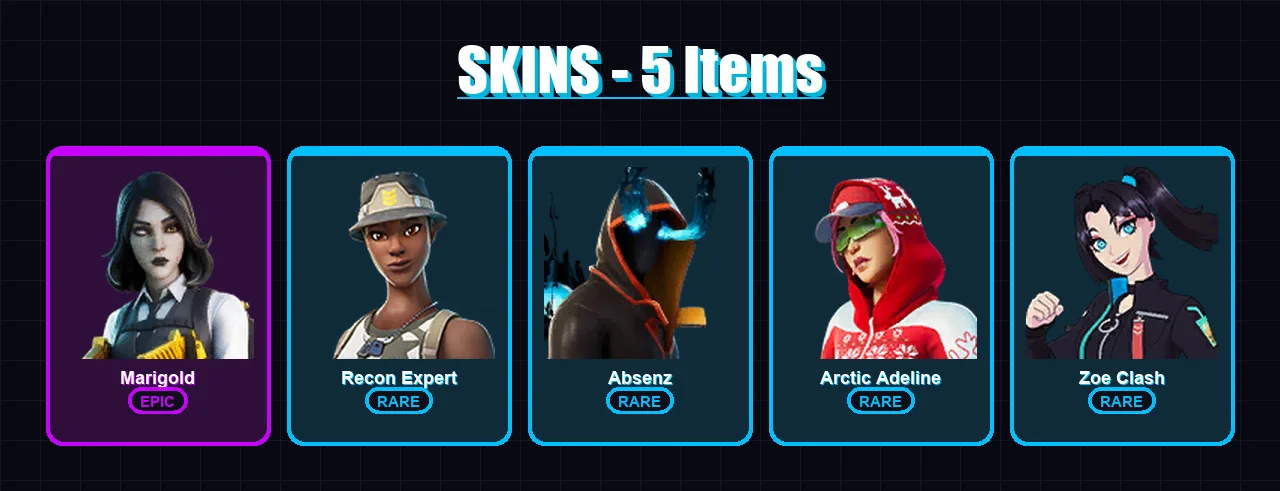 [PS4/PS5/XBOX/PC] | Marigold | Recon Expert | Absenz | Arctic Adeline | Zoe Clash | 5 skin | 13 pickaxe | 9 emote | 7 glider | Lv126