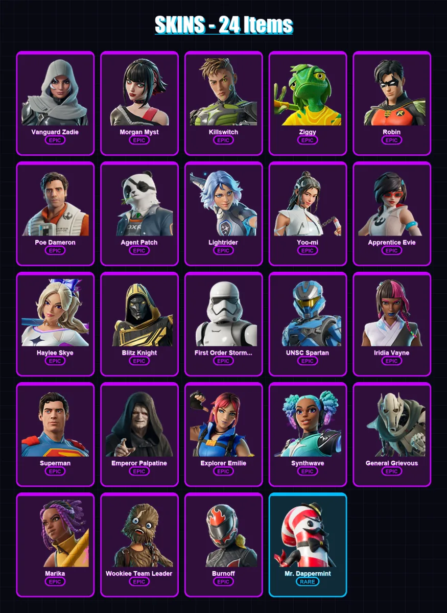 [PC/XBOX/PSN] | Vanguard Zadie | Morgan Myst | Killswitch | Ziggy | Robin | 24 skin | 52 pickaxe | 28 emote | 39 glider | Lv467