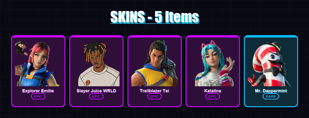 [PC/XBOX/PSN] | Explorer Emilie | Slayer Juice WRLD | Trailblazer Tai | Katalina | Mr. Dappermint | 5 skin | 12 pickaxe | 9 emote | 9 glider | Lv92