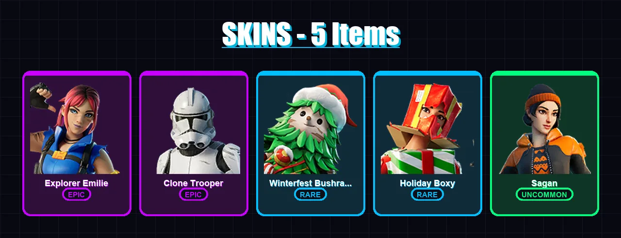 [PC/XBOX/PSN] | Explorer Emilie | Clone Trooper | Winterfest Bushranger | Holiday Boxy | Sagan | 5 skin | 16 pickaxe | 15 emote | 22 glider | Lv296