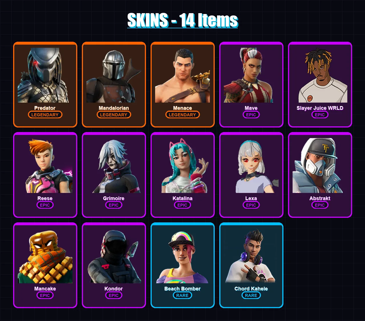 [PC/XBOX/PSN] | Predator | Mandalorian | Menace | Mave | Slayer Juice WRLD | 14 skin | 33 pickaxe | 21 emote | 24 glider | Lv330