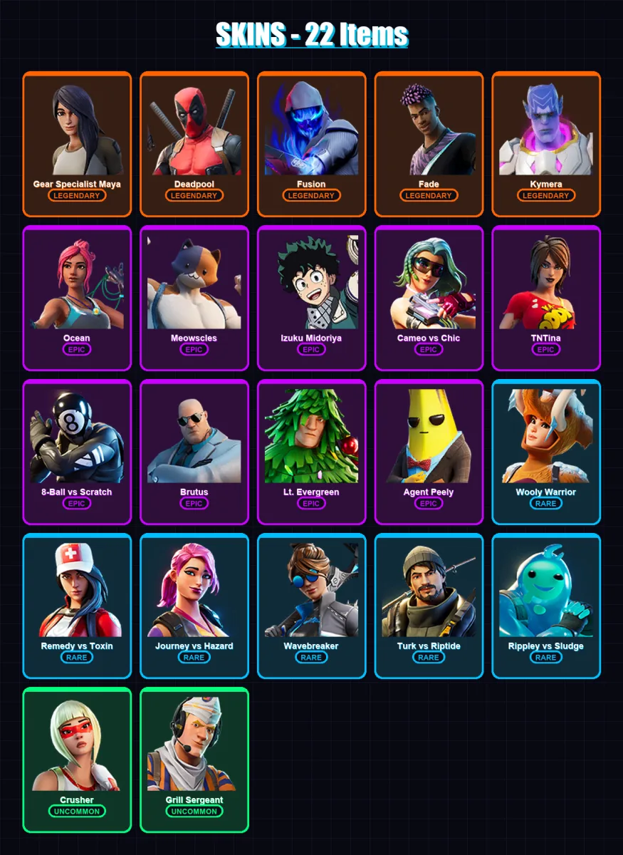 [PC/XBOX] | Gear Specialist Maya | Deadpool | Fusion | Fade | Kymera | 22 skin | 28 pickaxe | 28 emote | 36 glider | Lv514 — Fortnite account