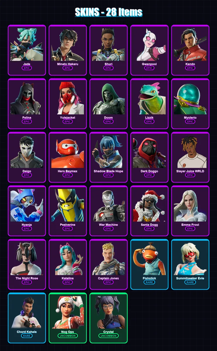 [PC/XBOX/PSN] | Jade | Minato Hakaru | Shuri | Gwenpool | Kendo | 28 skin | 44 pickaxe | 29 emote | 27 glider | Lv410