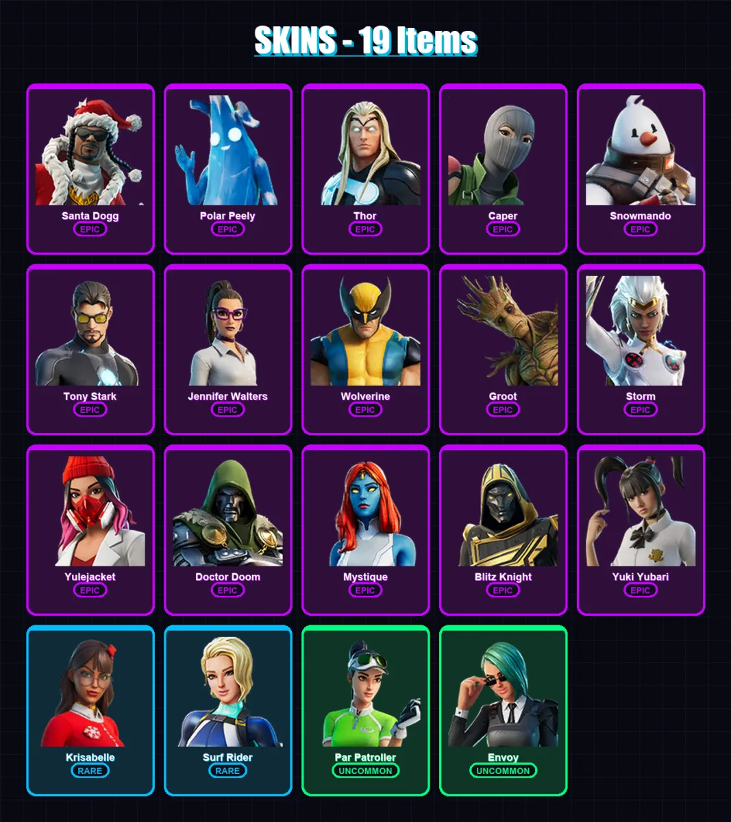 [PS4/PS5/XBOX/PC] | Santa Dogg | Polar Peely | Thor | Caper | Snowmando | 19 skin | 68 pickaxe | 40 emote | 51 glider | Lv884