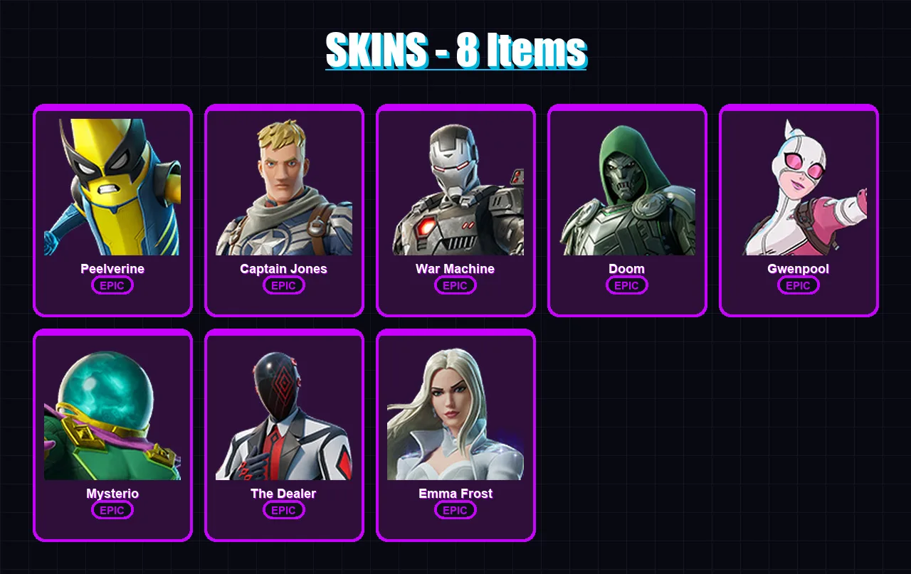 [PC/XBOX/PSN] | Peelverine | Captain Jones | War Machine | Doom | Gwenpool | 8 skin | 11 pickaxe | 12 emote | 8 glider | Lv87