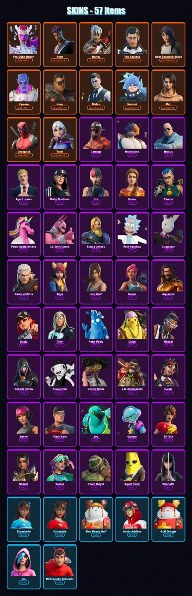 [PC/XBOX] | The Cube Queen | Fade | Ronin | The Ageless | Gear Specialist Maya | 57 skin | 65 pickaxe | 54 emote | 69 glider | Lv879